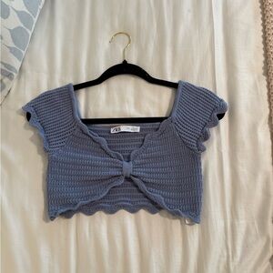 Zara Blue Ribbed Tie Front Crop Top